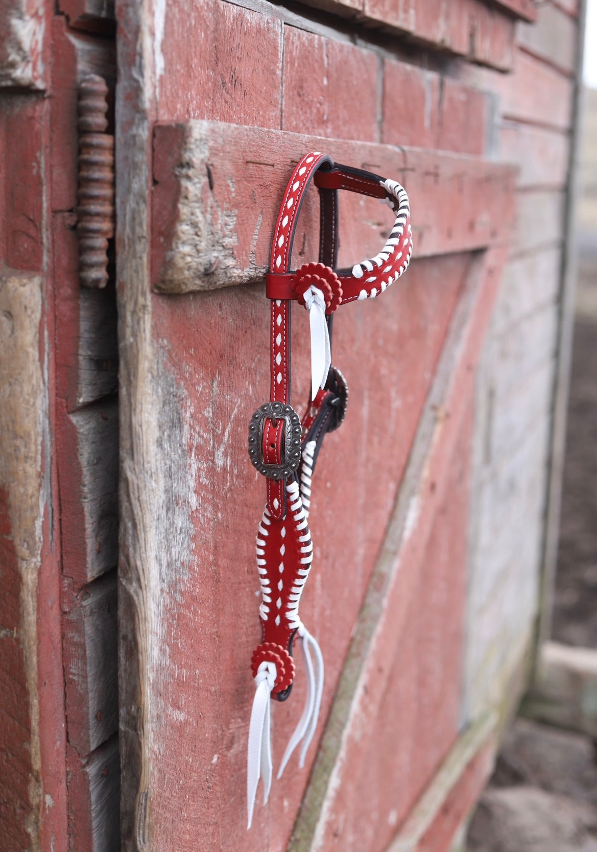 Red and White Whipstitch Headstall